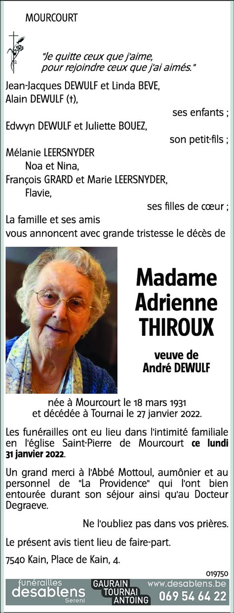 Avis de décès de Adrienne THIROUX décédé le 27 01 2022 à Tournai