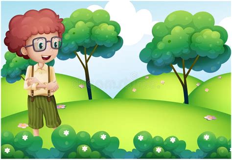 A Smart Looking Boy Standing At The Top Of The Hill Stock Vector