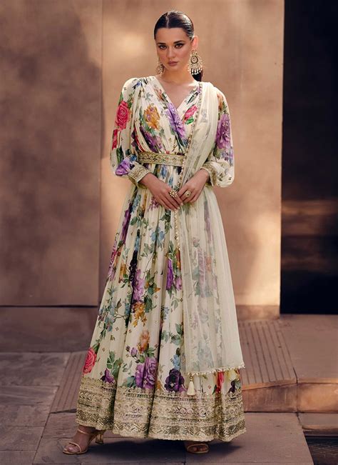 Shop Off White Faux Georgette Embroidered Digital Print Anarkali Gown