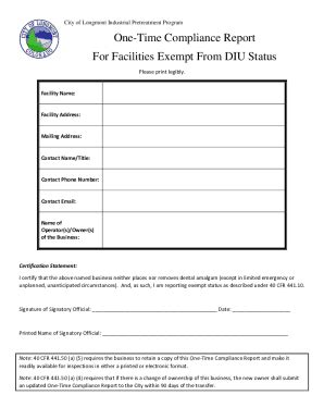 Fillable Online One Time Compliance Report For Facilities Exempt From