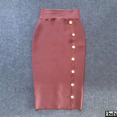 Fisdy High Waisted Bodycon Bandage Skirt With Single Buttoned Design