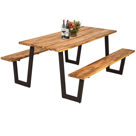 Gymax Acacia Wood Patio Picnic Table Bench Set with Metal Frame and ...