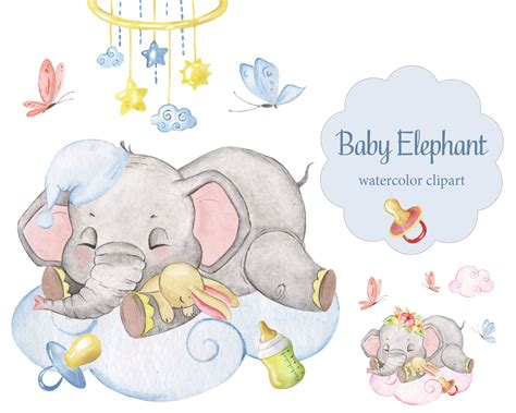 Watercolor Baby Elephant Clipart Elephant Sleeping On A Cloud By