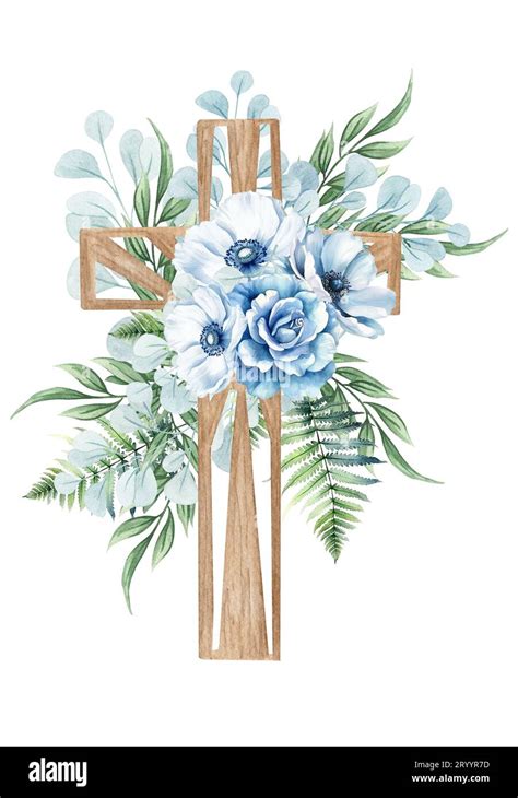 Cruz Floral Cruz De Madera Con Flores Azules Helecho Ramitas De