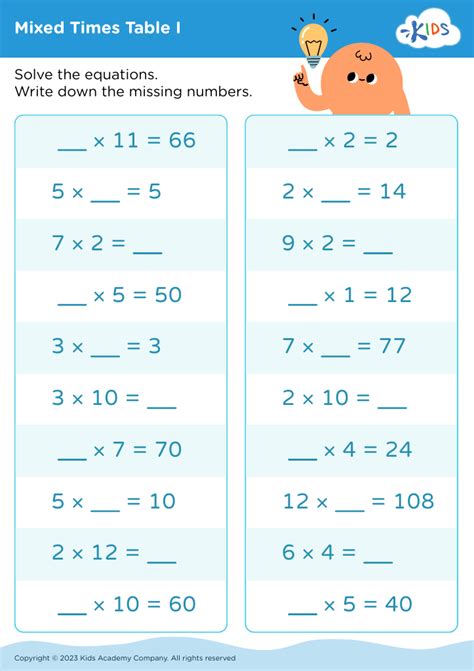 Free Mixed Times Table I Worksheet For Kids