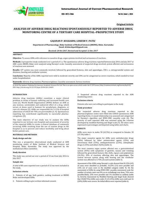 PDF ANALYSIS OF ADVERSE DRUG REACTIONS SPONTANEOUSLY REPORTED TO