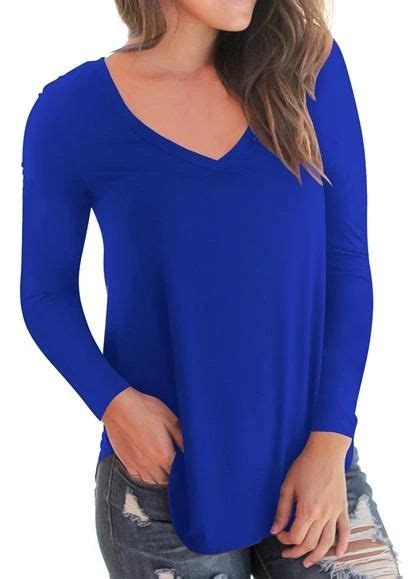 Royal Blue Basic V Neck T Shirts Side Split Long Sleeve Tunic Tops In