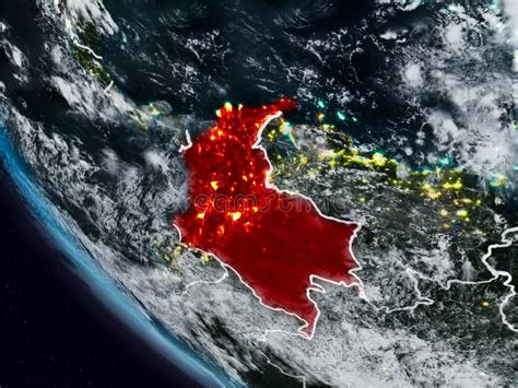 Colombia From Space On Earth At Night Surrounded By Space With Moon And