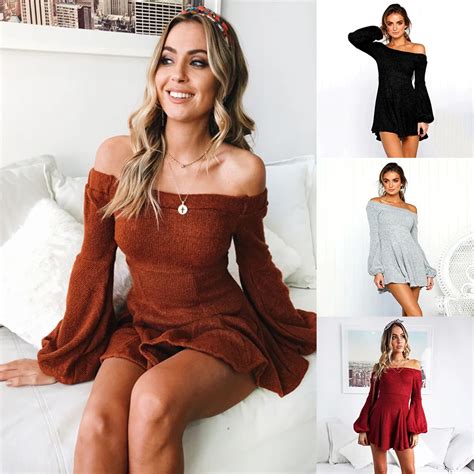 Sexy Off Shoulder Knitting Sweater Dress Women Elegant Ruffle Sash Short Dress Casual Long