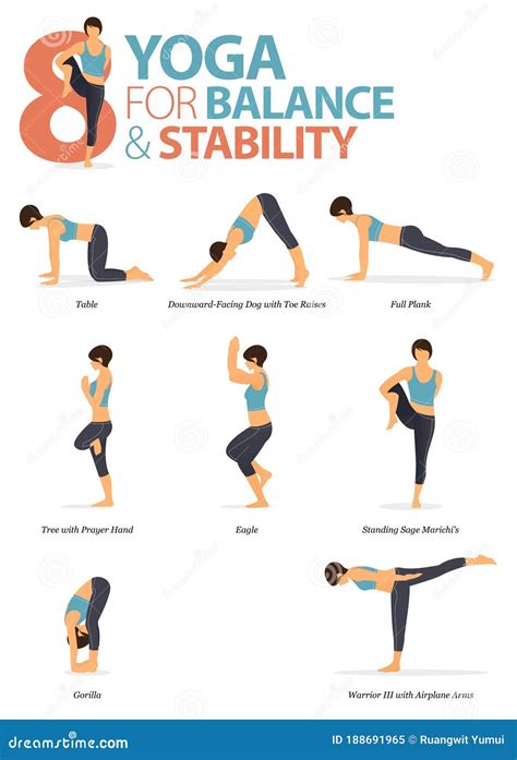 8 Yoga Poses For Workout In Balance And Stability Concept Cartoon
