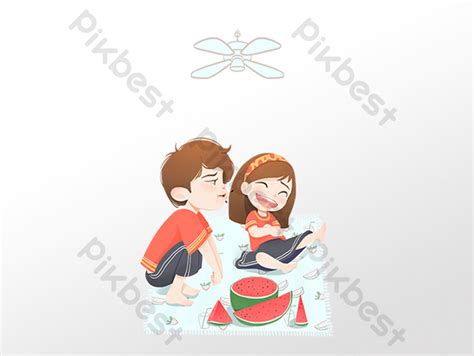 Drawing Illustration Of Children Eating Watermelon In Lixia Summer PNG ...