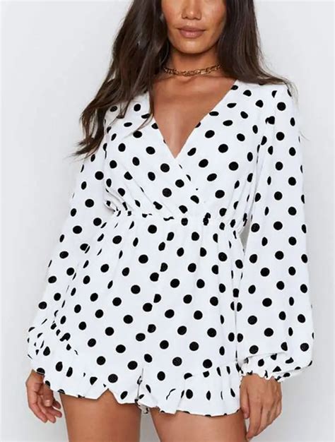 Polka Dot Surplice Neckline Jumpsuit Casual Long Sleeve Slim Temu