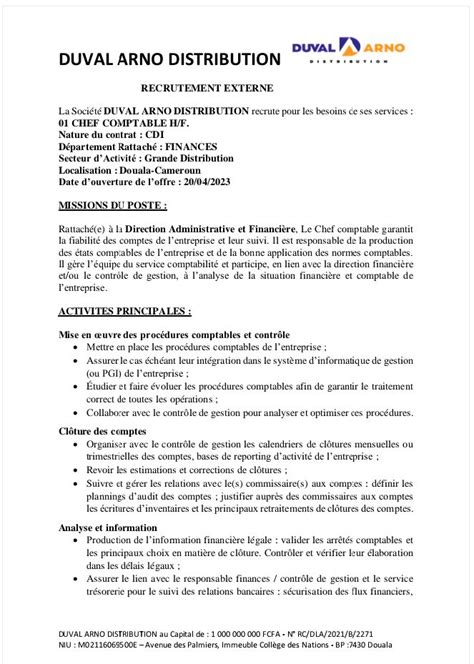 Duval Arno Distribution Recrute Un Chef Comptable Douala Cameroun