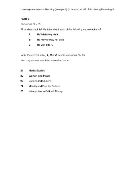 Ielts Listening Sample Task 5 Matching Part 3 Questions 21 25 What