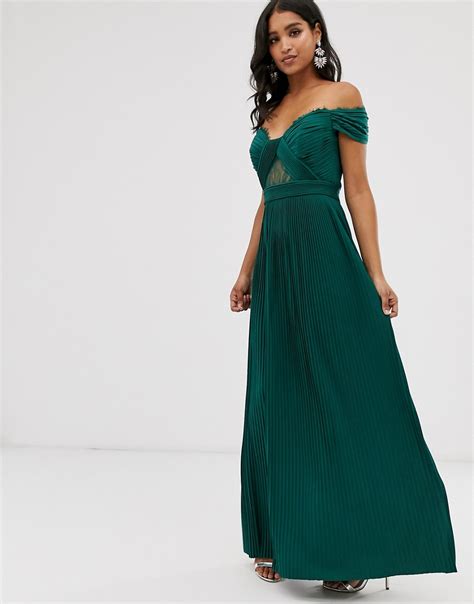 Asos Design Premium Lace And Pleat Bardot Maxi Dress Green Modesens