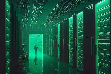 Premium Photo Futuristic Library Data Center With Glowing Green Walls