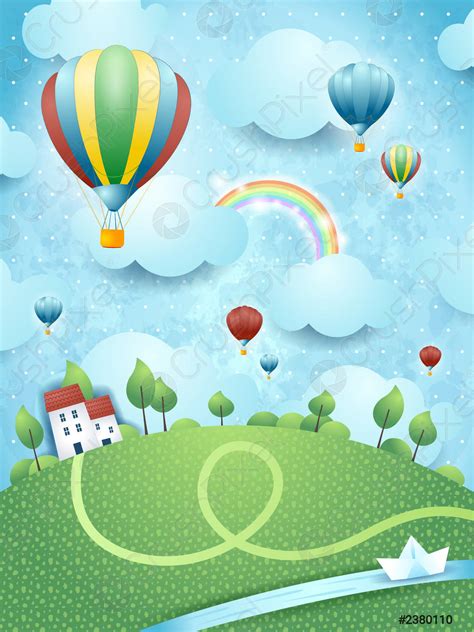 Fantasy Landscape With Hot Air Balloons And River Stock Vector Crushpixel