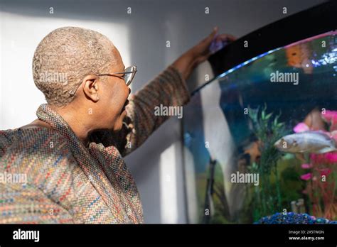 Mature Woman Feeding Fish In Aquarium Stock Photo Alamy