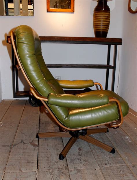 Swedish Green Leather Swivel Chair 1970s