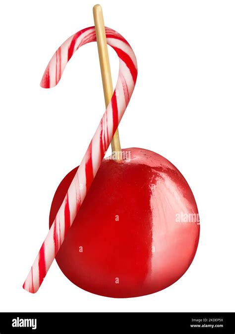 Red Candied Apple And Candy Cane Isolated On White Background Stock