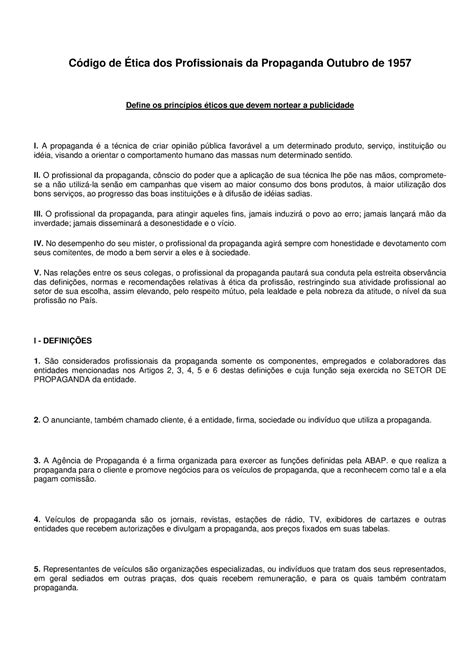 Código De Ética Dos Profissionais Da Propaganda Código De Ética Dos