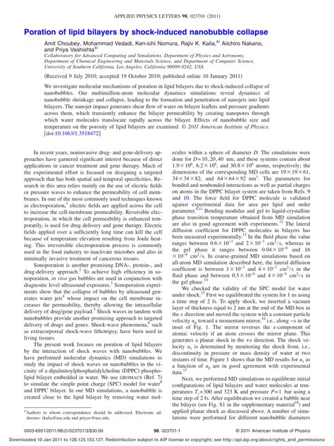 Pdf Poration Of Lipid Bilayers By Shock Induced Nanobubble Collapse