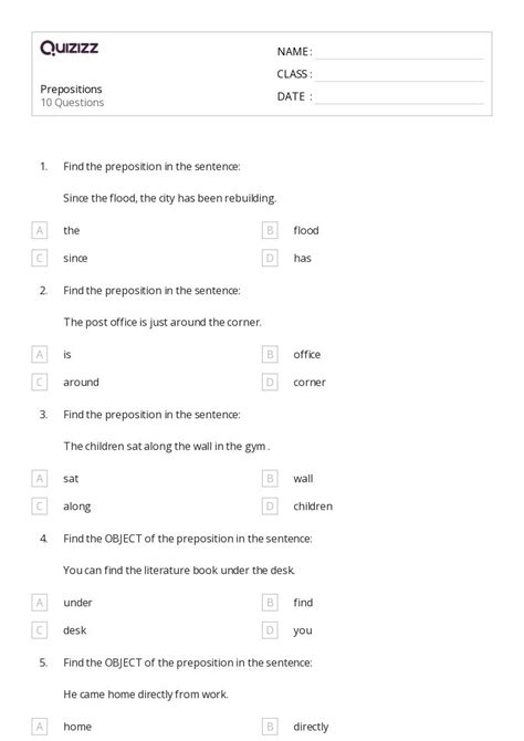 50 Prepositions Worksheets For 7th Grade On Quizizz Free And Printable