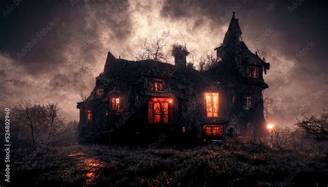 Dark atmospheric horror background. Haunted house. Dramatic sky, old, abandoned house, light in ...