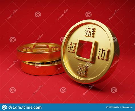 3D Illustration Realistic Ancient Gold Ingot Chinese Coin With Square