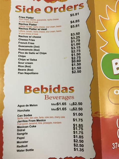 Menu At Cuco S Burrito Express Restaurant Cary