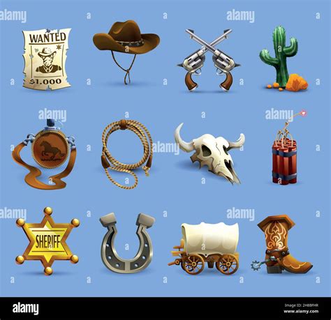 Wild West Realistic Icons Set With Cowboy Hat Dynamite And Cactus On