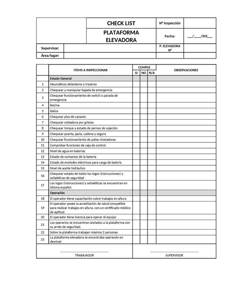 Check LIST Plataforma elevadora CHECK LIST N Inspección PLATAFORMA