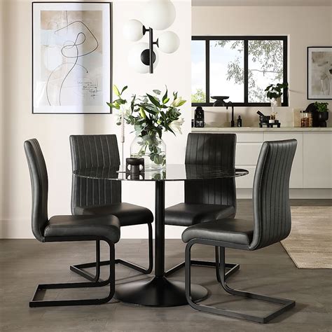 Orbit Round Dining Table And 4 Perth Dining Chairs Black Marble Effect And Black Steel Vintage