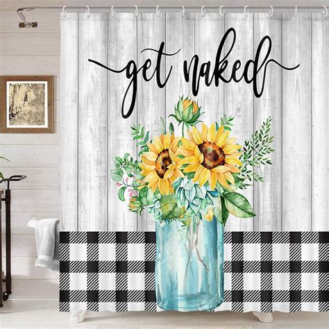 Get Naked Sunflowers Shower Curtain Modern Farmhouse Black White Buffalo Check Shower Curtain