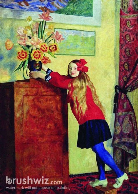 Girl With Flowers By Boris Kustodiev Oil Painting Reproduction