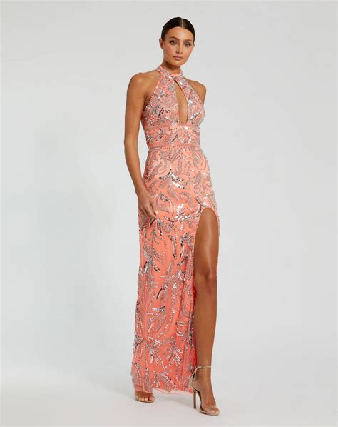 Coral Mac Duggal 6030 Long Fitted Slit Beaded Prom Formal Dress For