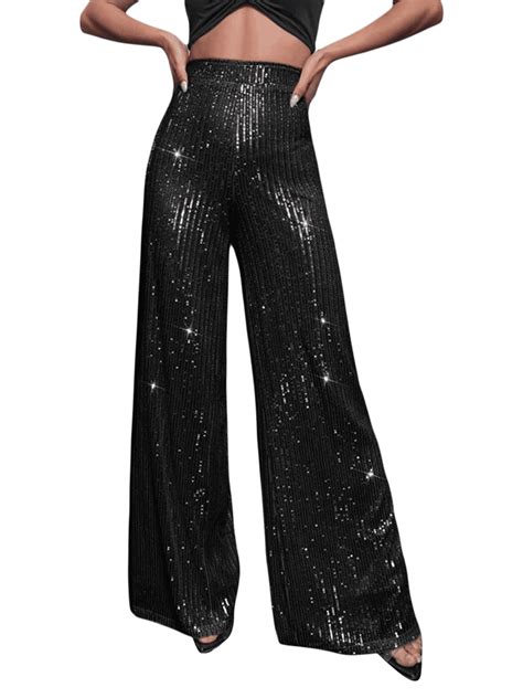 Sunisery Womens High Waist Wide Leg Sparkle Sequin Bling Glitter Elastic Loose Shiny Club Pants