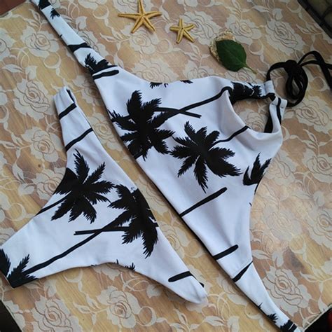 Summer Womens Palm Tree Bikinis Set Women Padded Crop Top Push Up Bikini Tank Brazilian Swimwear