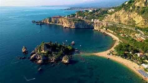 Drone View of Isola Bella Beach Taormina Sicily Italy at Summer, Nature ...