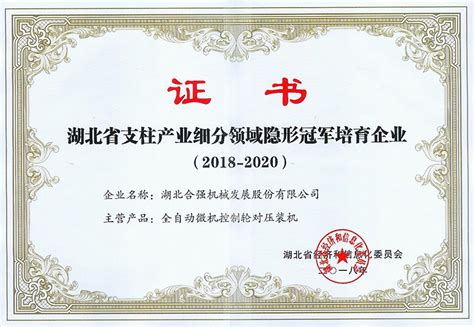 热烈庆祝我公司被评为湖北省2018 2020年度支柱产业细分领域隐形冠军培育企业湖北合强机械发展股份有限公司 轨道交通装备 锻压整形装备 非