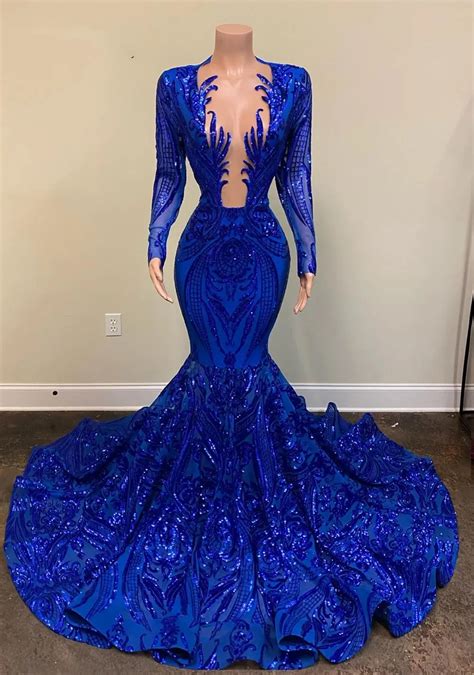 2021 Royal Blue Mermaid Royal Blue Evening Gown With Sheer Neckline And