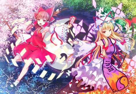 Girls Aliasing Blonde Hair Bow Brown Eyes Brown Hair Cherry Blossoms Dress Flowers Hakurei