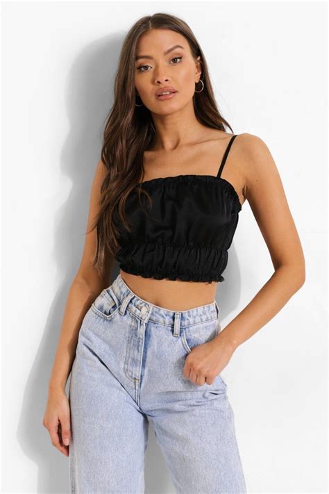 Womens Black Strappy Satin Ruched Waist Crop Top Boohoo Uk