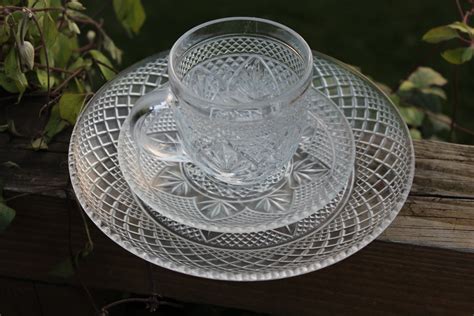 Vintage Clear Glass Dinnerware Cut Glass Plates Cups Saucer Etsy