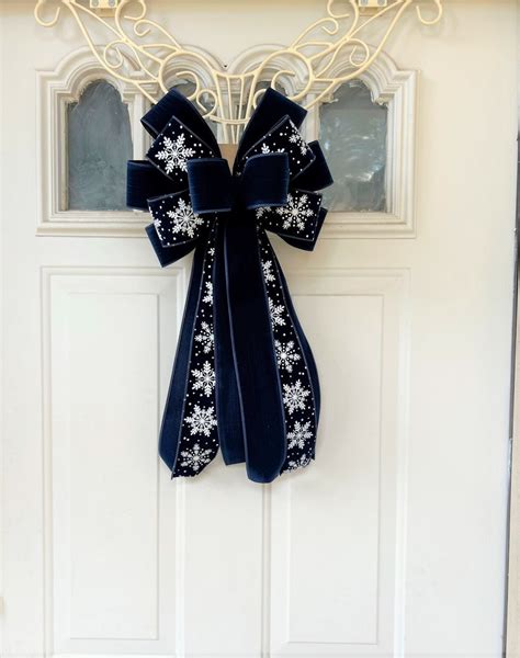 Snowflake Velvet Christmas Tree Bow For Wreath Lantern Bow Decoration Navy Velvet Ribbon Red