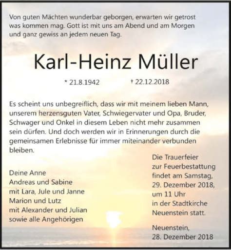 Traueranzeigen von Karl Heinz Müller trauerundgedenken de