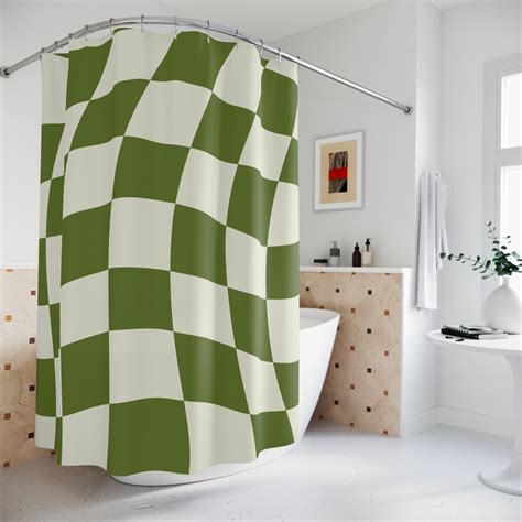 Shower Curtain Olive Green Retro Shower Curtain Checkered Aesthetic ...