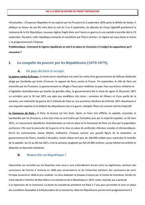 H3 1 la mise en oeuvre du projet republicain H3 1 LA MISE EN ŒUVRE DU