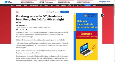 Forsberg Scores In Ot Predators Beat Penguins 3 2 For 6th Straight Win