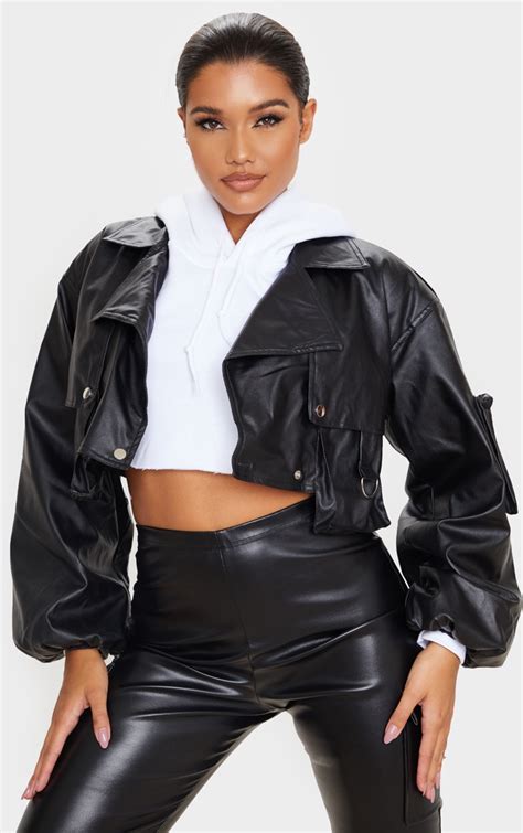 Black Faux Leather Crop Biker Jacket Prettylittlething Aus